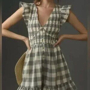 Anthropologie Peregrine Mini Dress- Gingham white and grey- Medium, retails $148